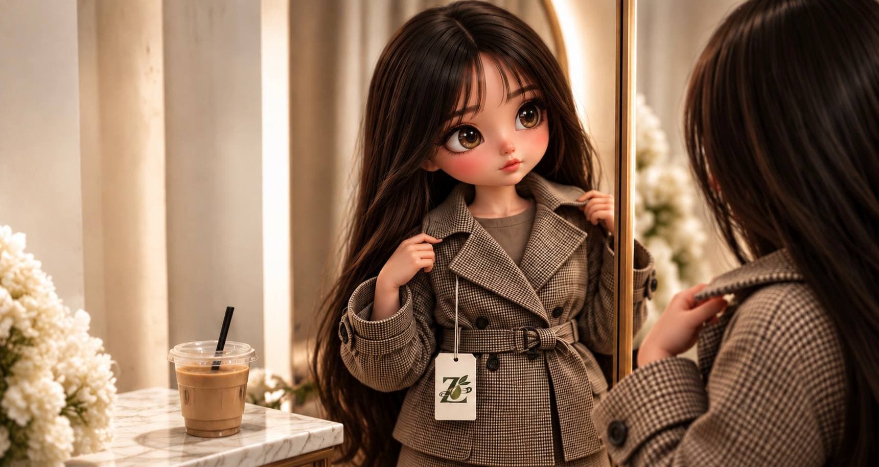 Doll trying on a checked trench in a mirror